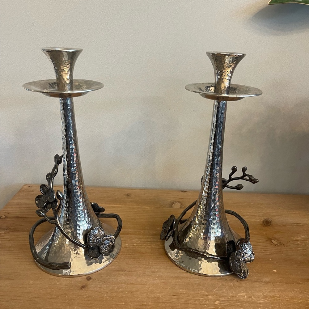 Michael Aram Silver Candle Holders with Floral Accents